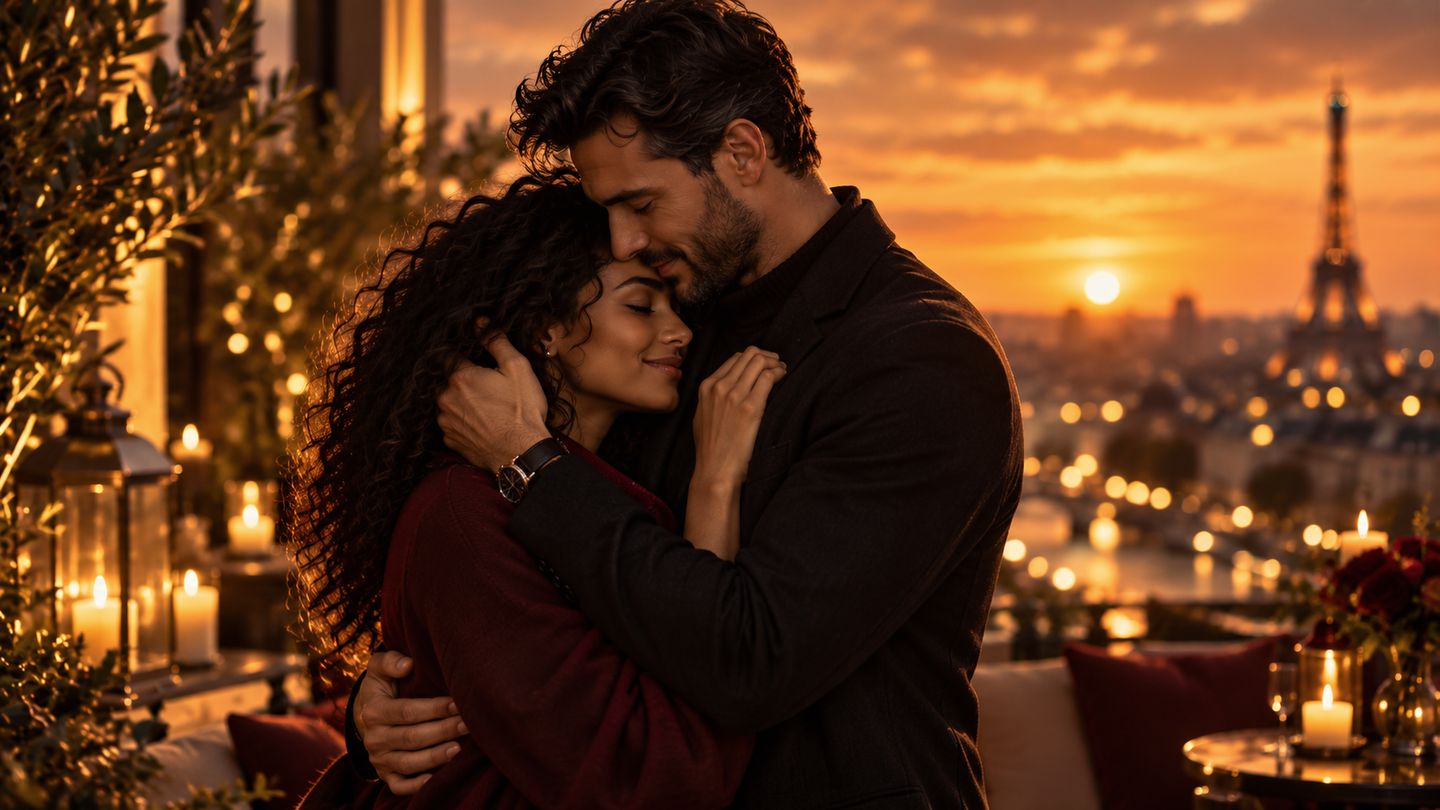 Un couple enlacé devant un ciel de fin de journée