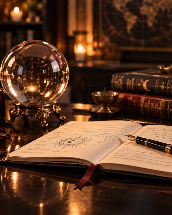 Bureau de consultation&nbsp;: boule de cristal, carnet ouvert et bougies allumées