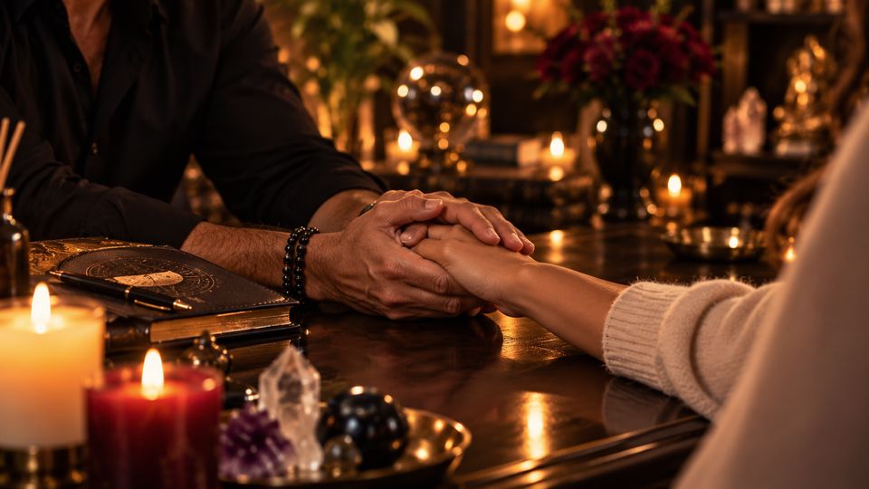 Deux mains jointes au-dessus d'une table de consultation éclairée à la bougie