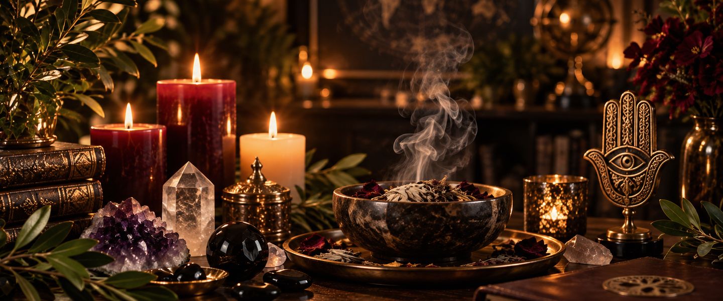 Bougies, cristaux et fumée d'encens sur une table de purification